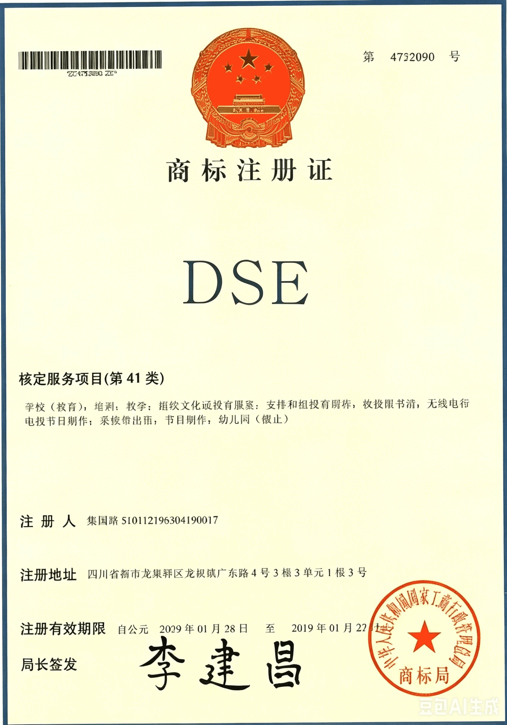 DSE 商标注册证